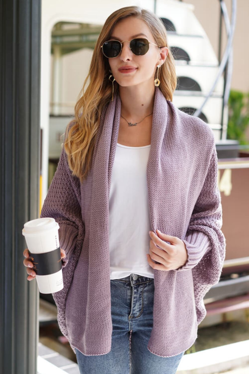 Dolman Sleeve Open Front Ribbed Trim Longline Cardigan in lavendar