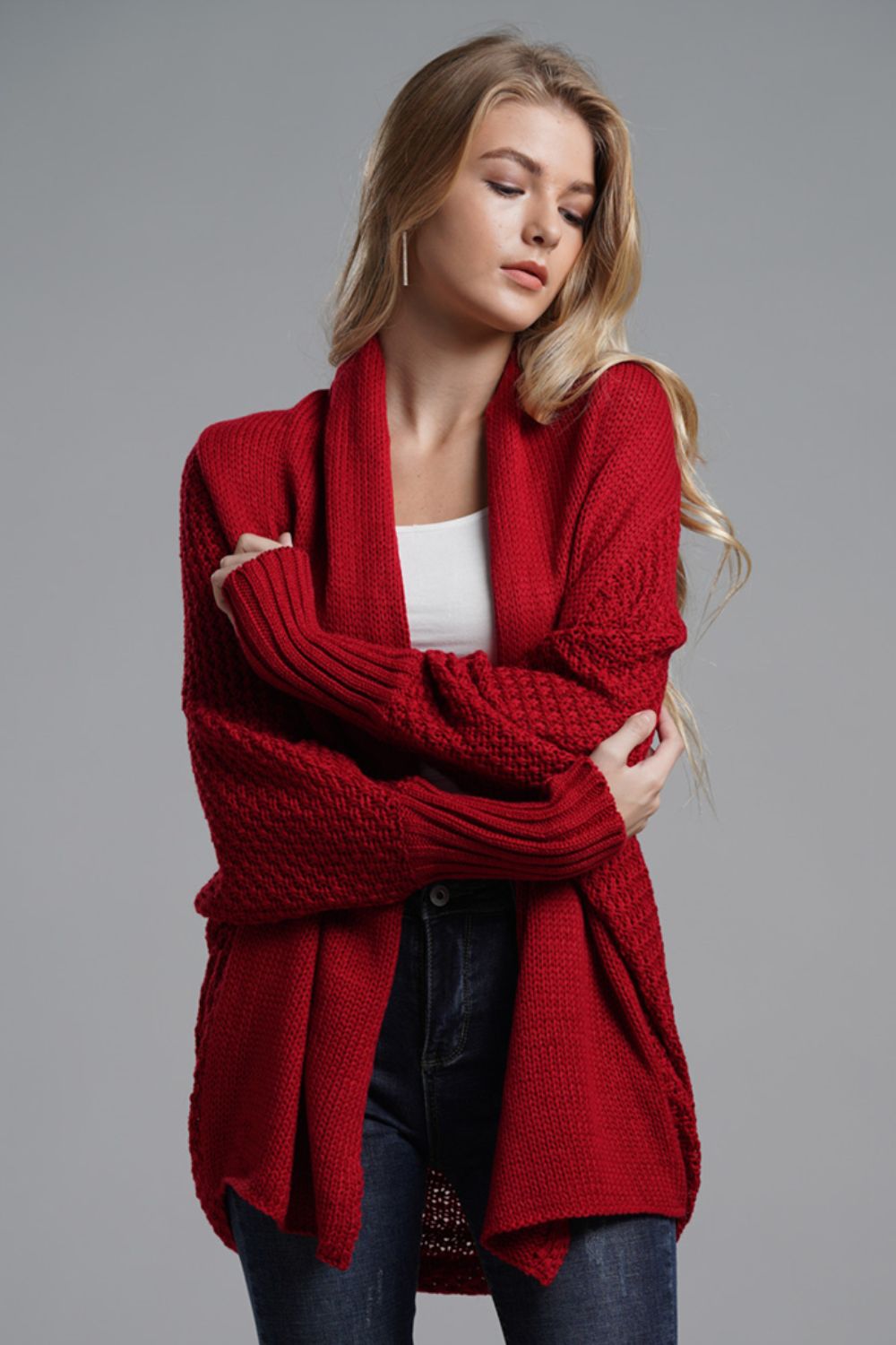 Dolman Sleeve Open Front Ribbed Trim Longline Cardigan red