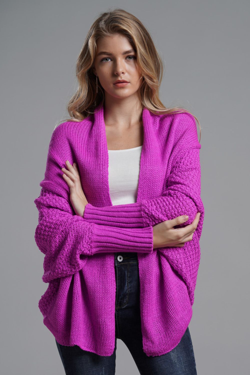 Dolman Sleeve Open Front Ribbed Trim Longline Cardigan bright purple