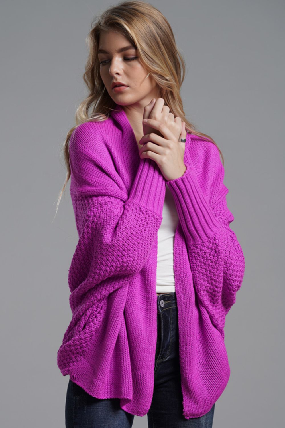 Dolman Sleeve Open Front Ribbed Trim Longline Cardigan bright purple