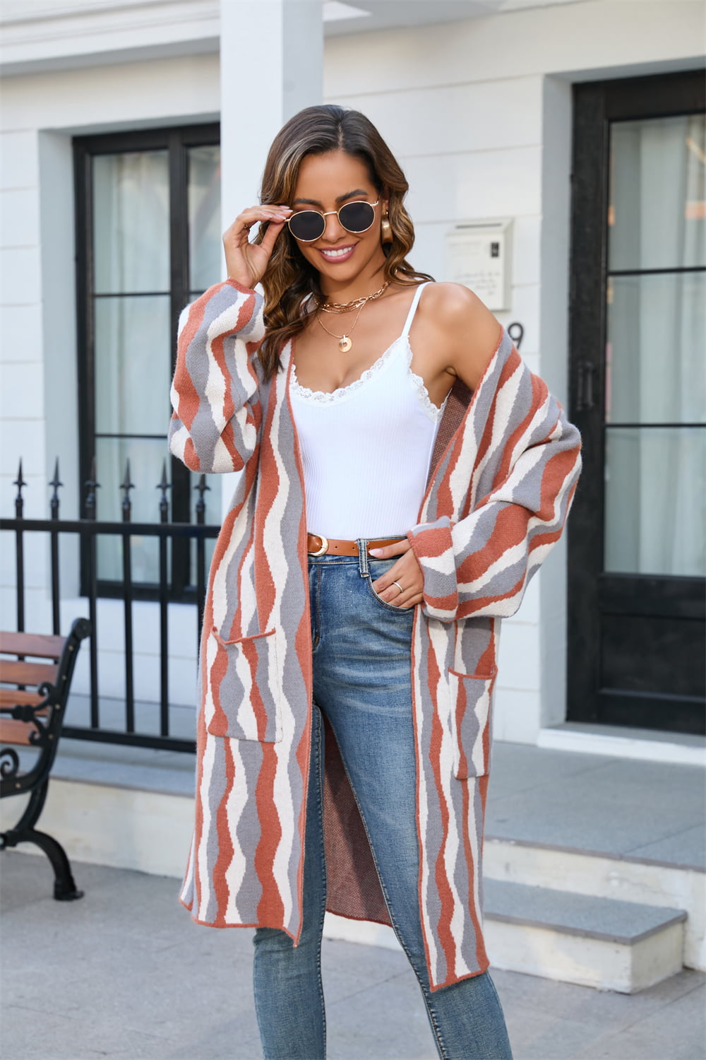 Printed Open Front Pocketed Cardigan orange gray white