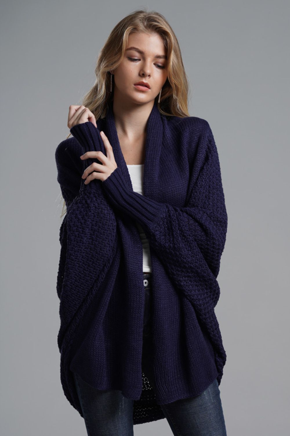 Dolman Sleeve Open Front Ribbed Trim Longline Cardigan navy