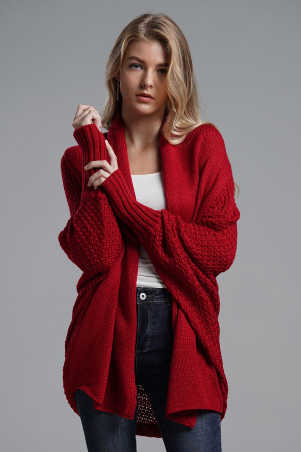 Dolman Sleeve Open Front Ribbed Trim Longline Cardigan red