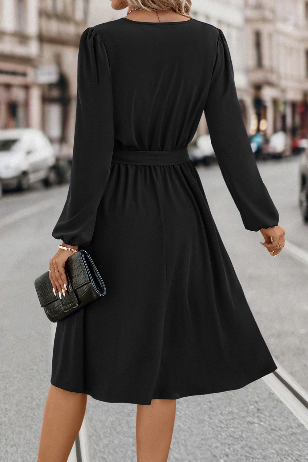 Tie Waist Notched Neck Long Sleeve Dress