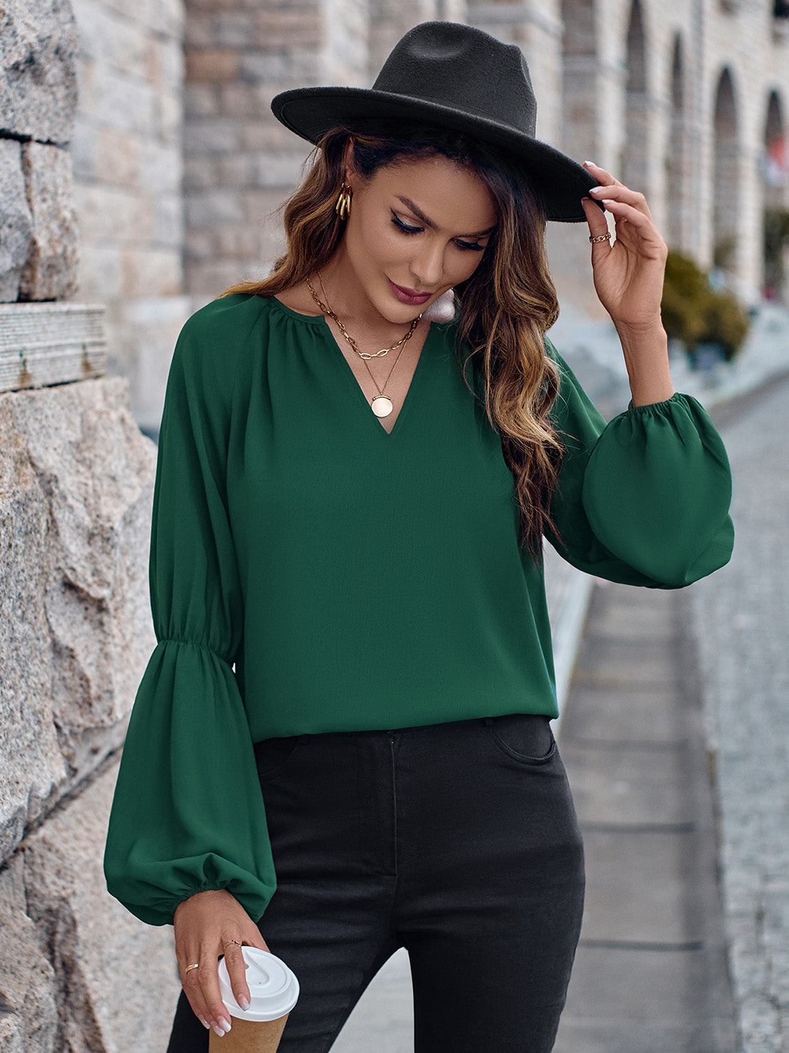 Notched Neck Long Sleeve Top