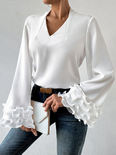 Lettuce Hem V-Neck Long Sleeve Blouse