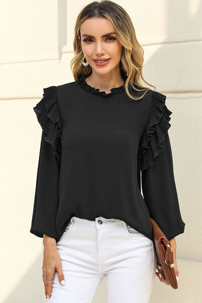 Ruffled Round Neck Long Sleeve Blouse