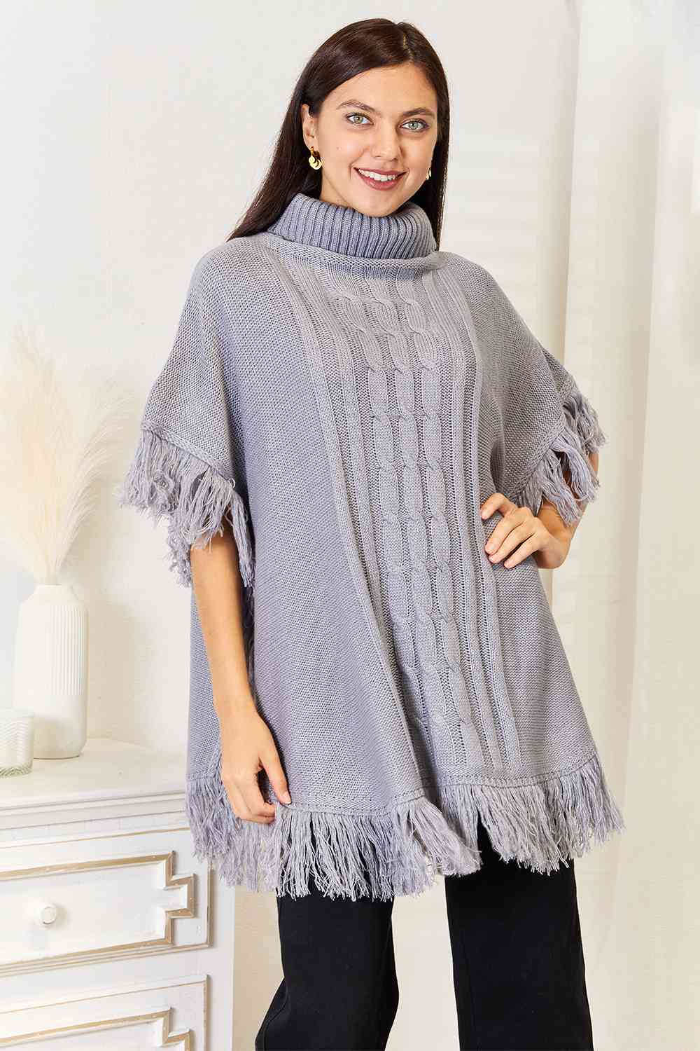 Justin Taylor Turtle Neck Fringe Poncho