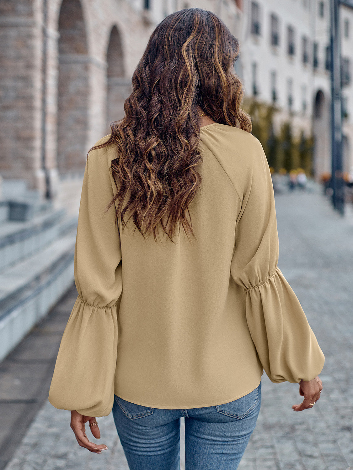 Notched Neck Long Sleeve Top