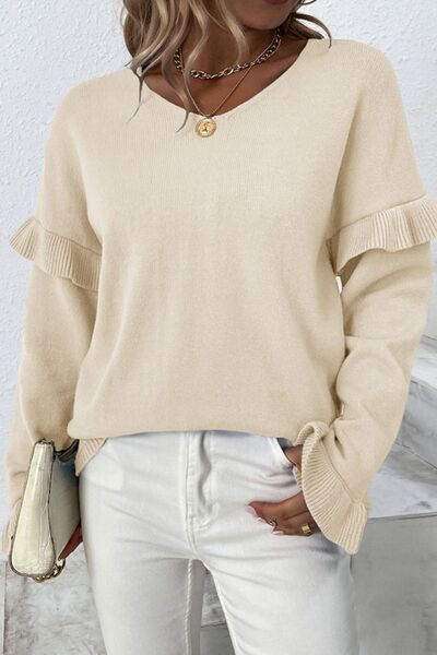 V-Neck Ruffle Trim Long Sleeve Sweater