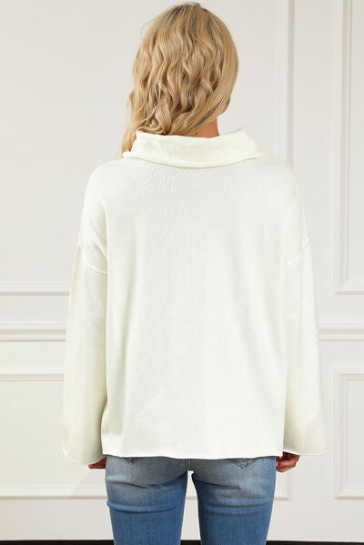 Slit Mock Neck Dropped Shoulder Sweater