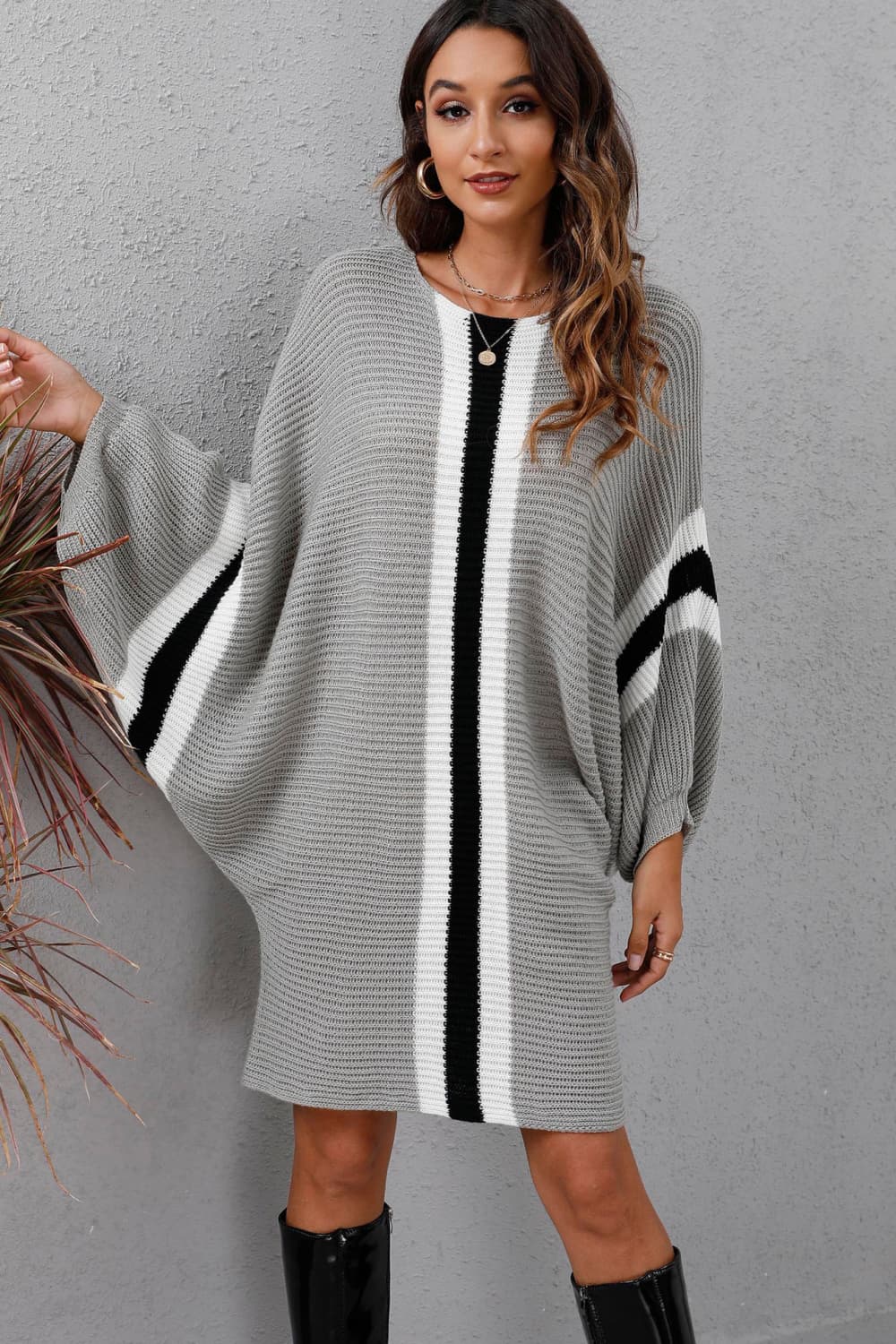 Ribbed Round Neck Long Sleeve Sweater Dress