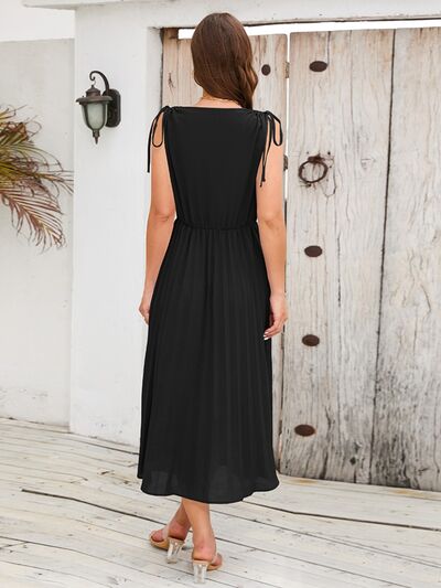 Pleated V-Neck Sleeveless Midi Dress